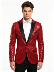 Herren Roter Pailletten Blazer Slim Fit Smoking Jacke Ein Knopf Party Bühne Anzug