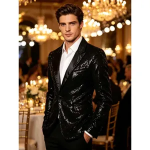 Blazer noir à sequins pour homme, veste de costume brillante pour fête, scène et club.