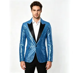 Herren blau Pailletten Smoking Blazer schmale Passform Einzel Knopf Party Anzug Jacke.