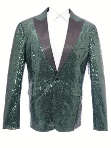 Men's green sequin blazer jacket with black lapel, shiny party stage performance tuxedo.