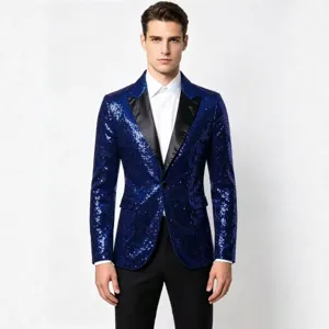 Herren blau Pailletten Sakko Slim Fit Ein Knopf Anzugjacke fuer Party Buehnenauftritt