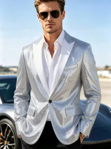 Blazer de lentejuelas plateadas para hombre, chaqueta de traje brillante elegante para fiesta.