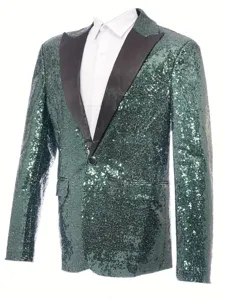 Green sequin men blazer tuxedo jacket stylish shiny stage performance suit for party event