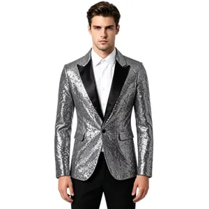 Silberner Pailletten Anzug Blazer für Herren Slim Fit Glitzer Jacke für Party und Bühne.