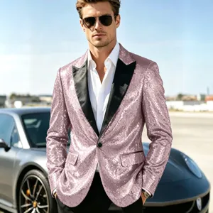 Blazer de lentejuelas rosa para hombre chaqueta elegante brillante para fiesta y evento