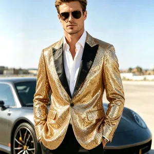 Chaqueta de traje con lentejuelas doradas para hombre con solapa negra, blazer elegante.