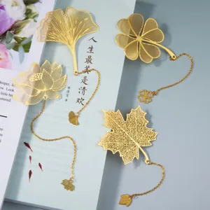 Elegant set of 4 metal hollow bookmarks with chains featuring beautiful plant designs.