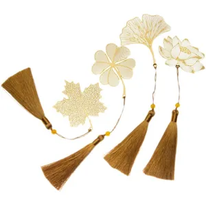 Vintage metal hollow bookmarks set with tassels, elegant leaf and flower design for reading.