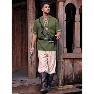 Medieval pirate cotton lace-up shirt detail view, vintage Renaissance Viking retro men costume.