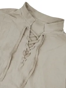 Men's casual linen long sleeve shirt detail, stand collar with lace up front design.
