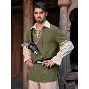 Men medieval pirate shirt cotton lace up renaissance viking vintage historical costume top