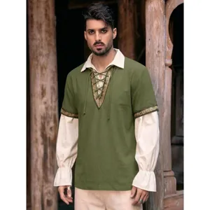 Detailed view of the medieval renaissance lace-up shirt with layered sleeves and vintage trim.