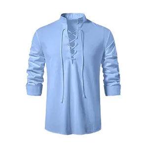 Detail view of men light blue lace up linen long sleeve casual shirt stand collar top