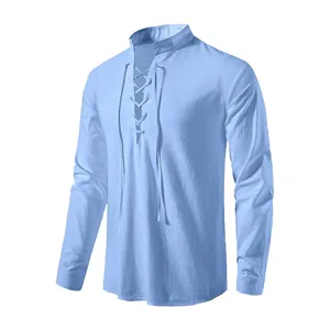 Men's casual long sleeve linen shirt with lace up stand collar, light blue spring top.