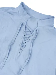 Light blue linen-blend men's casual long sleeve mandarin collar lace-up shirt detail view.