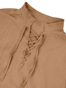 Men casual lace-up stand collar linen long sleeve shirt detail view khaki fashion top