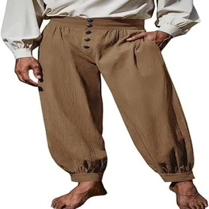 Mens medieval pirate trousers casual cotton linen loose high waist vintage retro pants