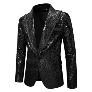 Blazer negro de lentejuelas para hombre chaqueta brillante un botón fiesta escenario traje top