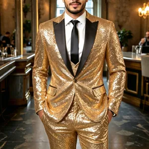 Detailed view of men's shiny sequin suit set, perfect for night club stage performances.