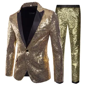 Gold sequin men suit jacket pants detail, dazzling party stage performance outfit close view.