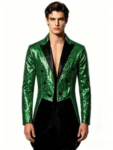 Green sequin tailcoat detail, black satin lapel, stylish party performance menswear jacket