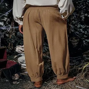 Medieval Renaissance pirate pants for men, loose cotton linen cuffed casual long trousers.