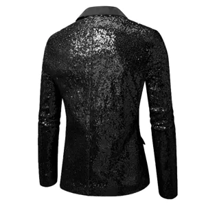 Vista trasera detallada del elegante blazer negro con lentejuelas para hombre.