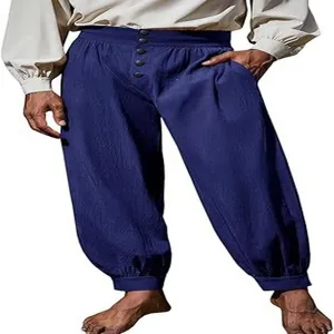 Men's medieval renaissance pirate pants, loose cotton linen baggy trousers with buttons.