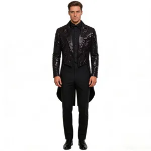 Men's stylish black sequin tailcoat suit set for party night club performance wear.