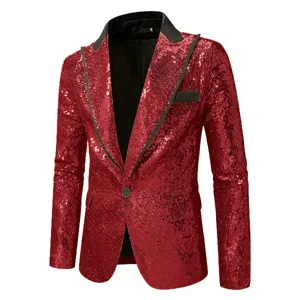 Detalle chaqueta blazer lentejuelas rojas hombre, solapa negra un botón fiesta.