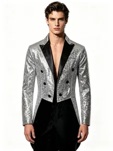 Detailed view of men's silver sequin tailcoat featuring black lapels and double breasted buttons.