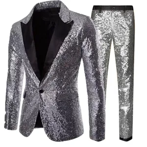 Men's silver sequin suit jacket and pants two-piece set, shiny stage performance outfit.
