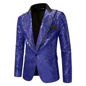 Chaqueta de lentejuelas azul real para hombre, detalle con solapa negra y cierre de un botón.