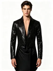 Men black sequin tailcoat jacket fashion party clubwear sparkle outerwear apparel