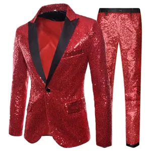Close-up details of the red sequin men suit blazer and pants set, sparkling stage party wear.