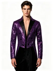 Men's stylish purple sequin tailcoat blazer with black satin lapel for party night club stage performance.