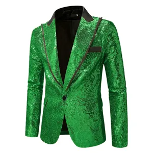 Vista detallada de la chaqueta verde de lentejuelas para hombre, brillante para fiesta.