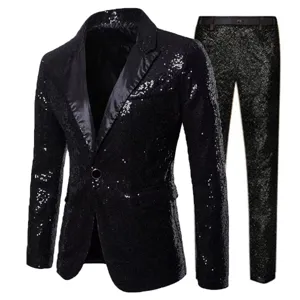 Men's sparkly sequin suit set including blazer and trousers for stage performance club wear.