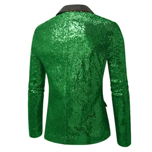 Detalle de la espalda chaqueta blazer de lentejuelas verdes, traje disco hombre.