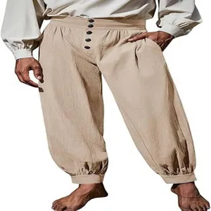Men's medieval renaissance pirate pants loose cotton linen high waist button baggy trousers