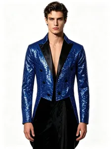 Detailed close-up view of the blue sequin tailcoat jacket with elegant black satin lapels.