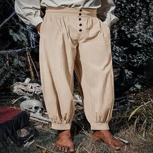 Men vintage medieval renaissance pirate trousers loose cotton linen harem cuffed pants beige