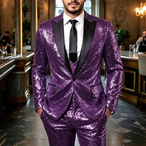 Men purple sequin suit detail view, sparkling disco party blazer and vest close up look.