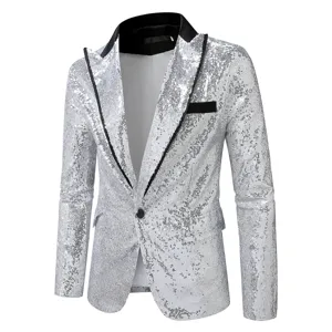 Chaqueta blazer de lentejuelas plateadas hombre fiesta club un botón brillante top