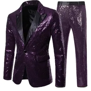 Detailed view of the luxury purple sequin men's suit jacket and matching trousers set.