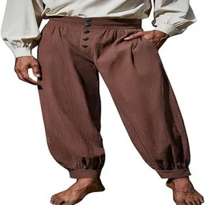 Men medieval renaissance pirate pants cotton linen loose cuffed trousers casual costume