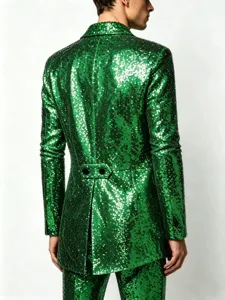 Detailed back view of men's green sequin blazer, stylish party and stage performance jacket.