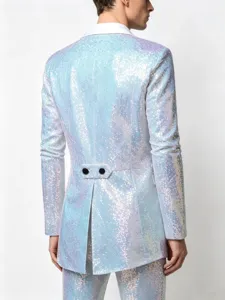 Detailed back view of a dazzling iridescent sequin tailcoat jacket with a white collar.