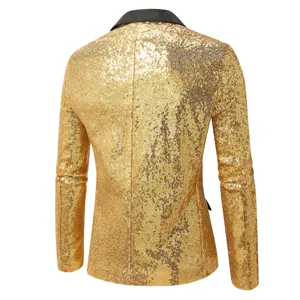 Blazer de lentejuelas doradas para hombre vista trasera, chaqueta brillante para fiesta disco.