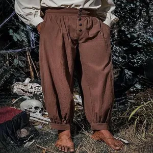 Medieval Renaissance pirate pants for men, loose cotton linen cuffed trousers in brown color.